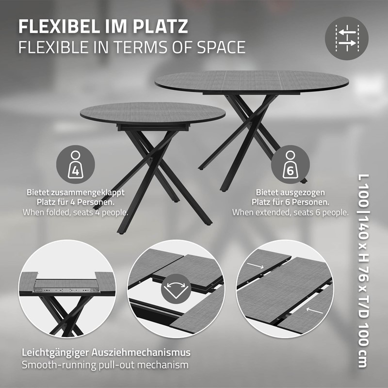 Esstisch ausziehbar rund, Grau meliert, 100-140x76x100 cm, Esszimmertisch für 4-6 Personen, Tisch mit X-förmiges Stahlgestell ML-Design