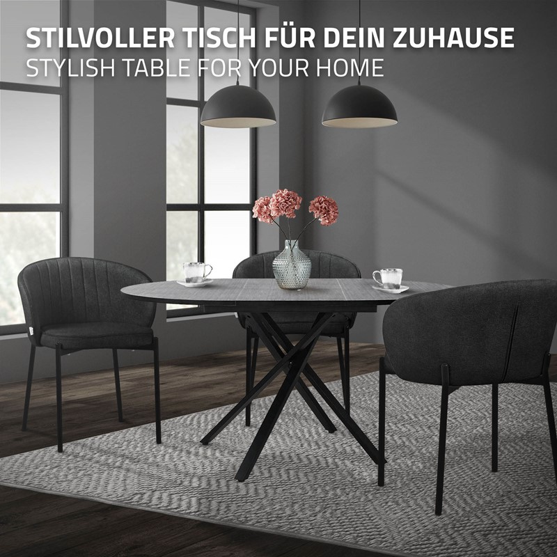Esstisch ausziehbar rund, Grau meliert, 100-140x76x100 cm, Esszimmertisch für 4-6 Personen, Tisch mit X-förmiges Stahlgestell ML-Design