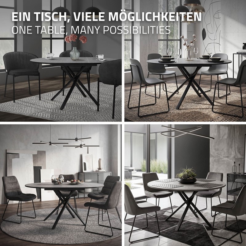 Esstisch ausziehbar rund, Grau meliert, 100-140x76x100 cm, Esszimmertisch für 4-6 Personen, Tisch mit X-förmiges Stahlgestell ML-Design