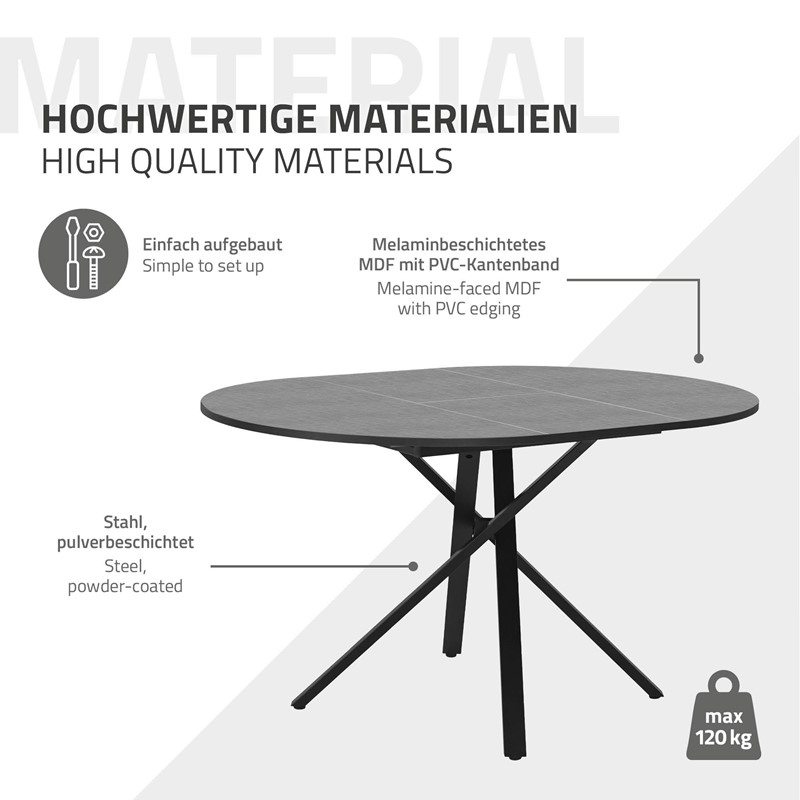 Esstisch ausziehbar rund, Grau meliert, 100-140x76x100 cm, Esszimmertisch für 4-6 Personen, Tisch mit X-förmiges Stahlgestell ML-Design