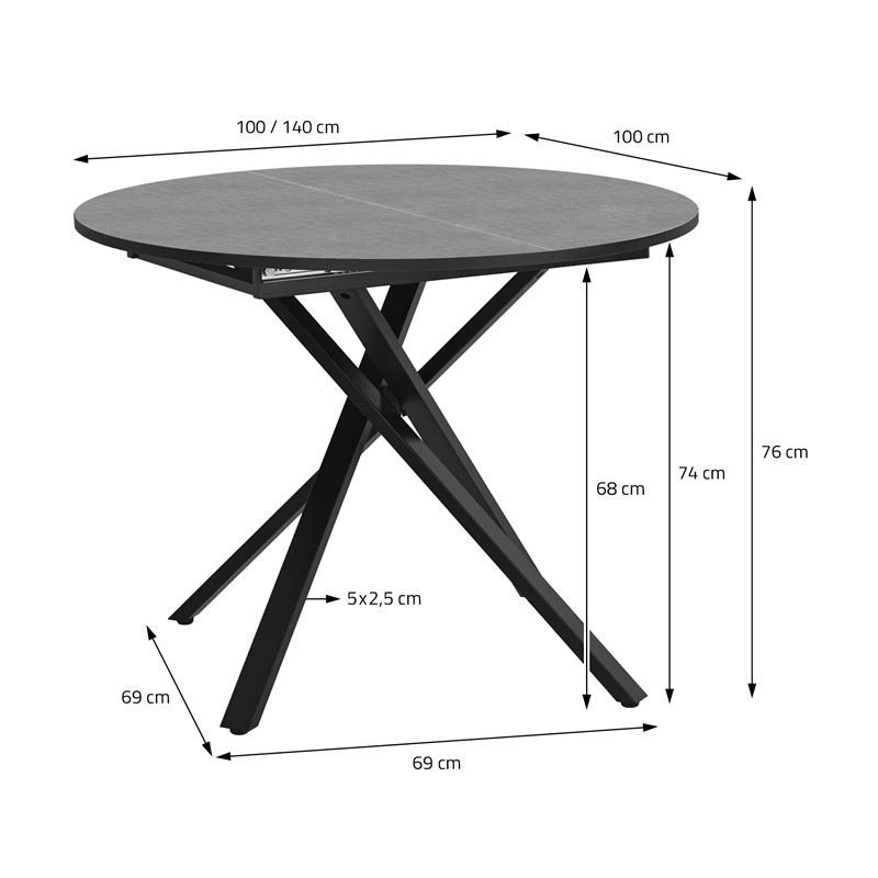 Esstisch ausziehbar rund, Grau meliert, 100-140x76x100 cm, Esszimmertisch für 4-6 Personen, Tisch mit X-förmiges Stahlgestell ML-Design
