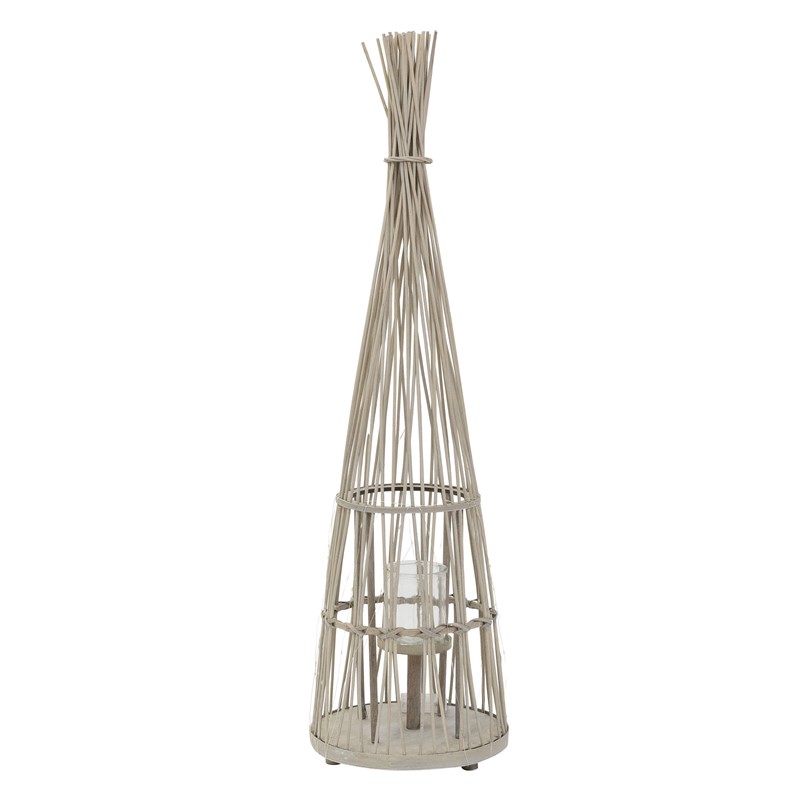 Bambus Laterne, Windlicht H: 110 cm Holzfarbe, Boho Gartenlaterne mit LED-Lichterkette & Glaseinsatz, Flechtoptik Kerzenhalter