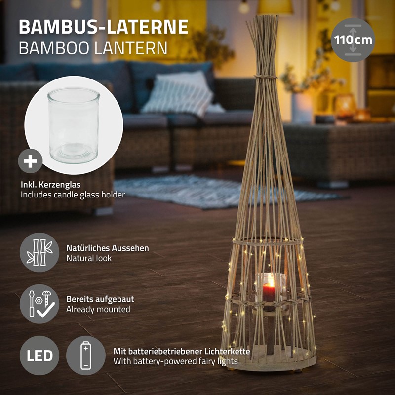 Bambus Laterne, Windlicht H: 110 cm Holzfarbe, Boho Gartenlaterne mit LED-Lichterkette & Glaseinsatz, Flechtoptik Kerzenhalter