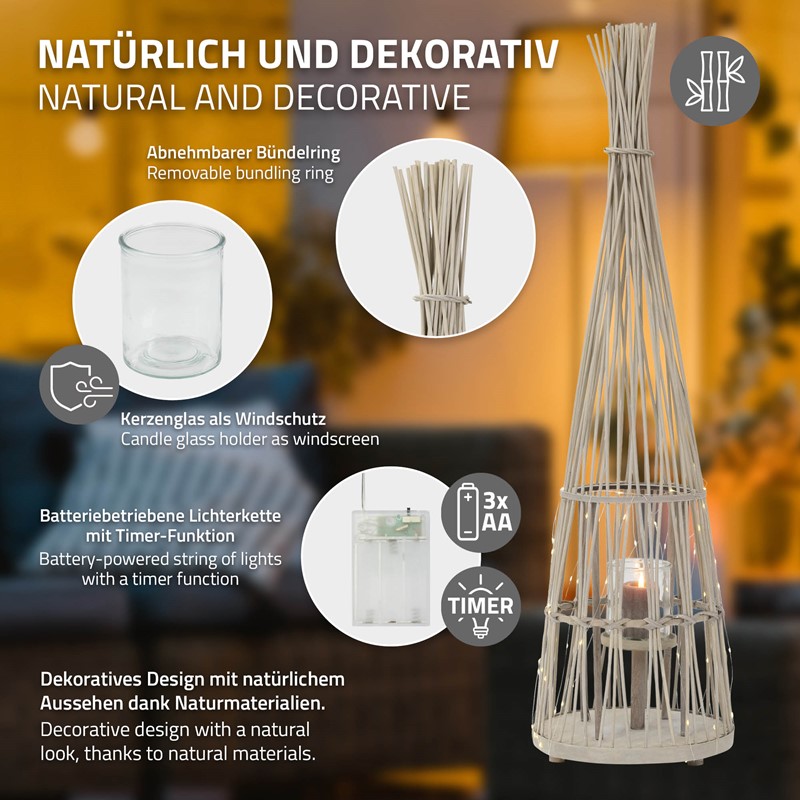 Bambus Laterne, Windlicht H: 110 cm Holzfarbe, Boho Gartenlaterne mit LED-Lichterkette & Glaseinsatz, Flechtoptik Kerzenhalter