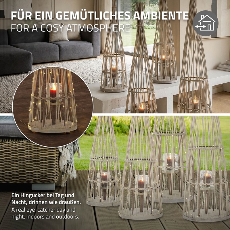 Bambus Laterne, Windlicht H: 110 cm Holzfarbe, Boho Gartenlaterne mit LED-Lichterkette & Glaseinsatz, Flechtoptik Kerzenhalter