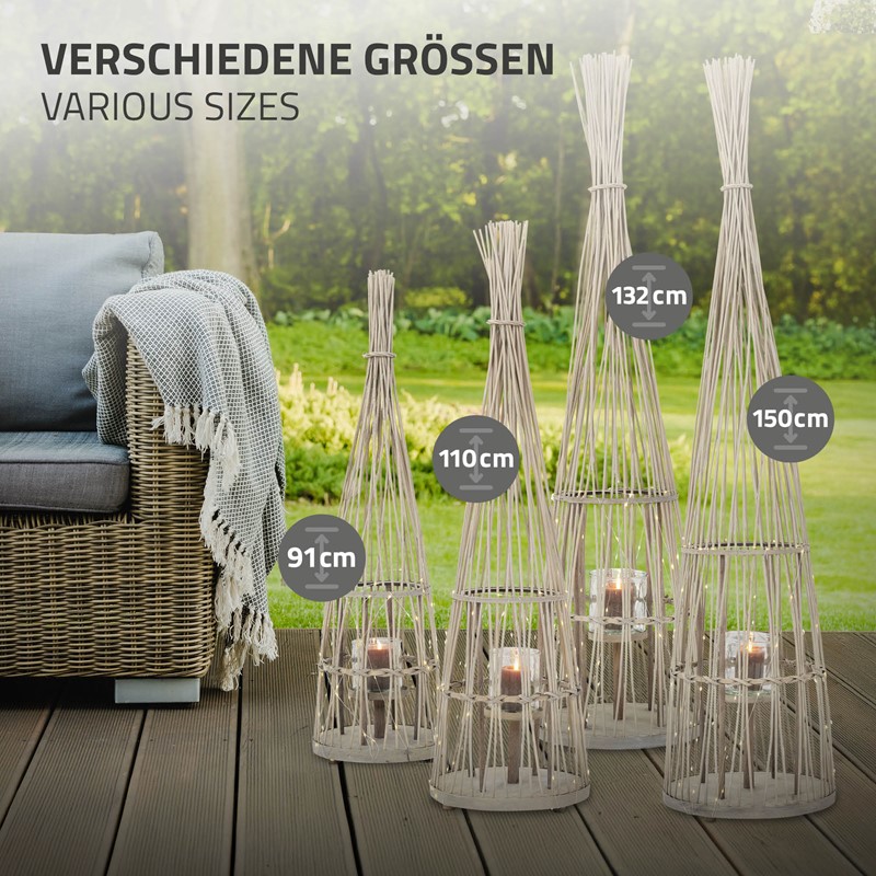 Bambus Laterne, Windlicht H: 110 cm Holzfarbe, Boho Gartenlaterne mit LED-Lichterkette & Glaseinsatz, Flechtoptik Kerzenhalter