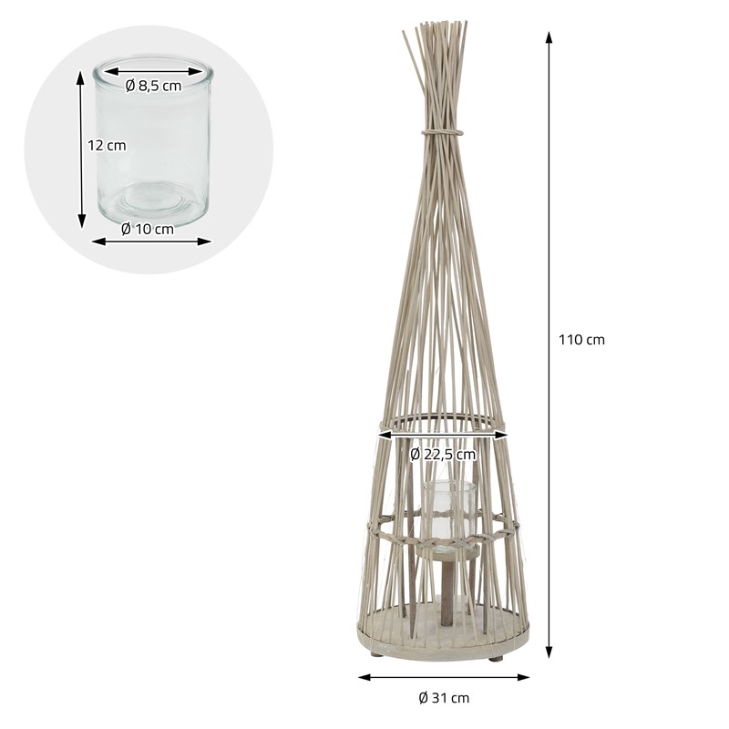 Bambus Laterne, Windlicht H: 110 cm Holzfarbe, Boho Gartenlaterne mit LED-Lichterkette & Glaseinsatz, Flechtoptik Kerzenhalter