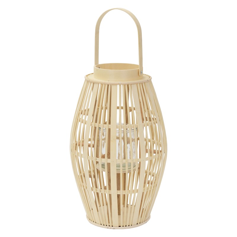 Bambus Laterne, Windlicht H: 63 cm Holzfarbe, Boho Gartenlaterne mit Henkel & Glaseinsatz, Flechtoptik Kerzenhalter