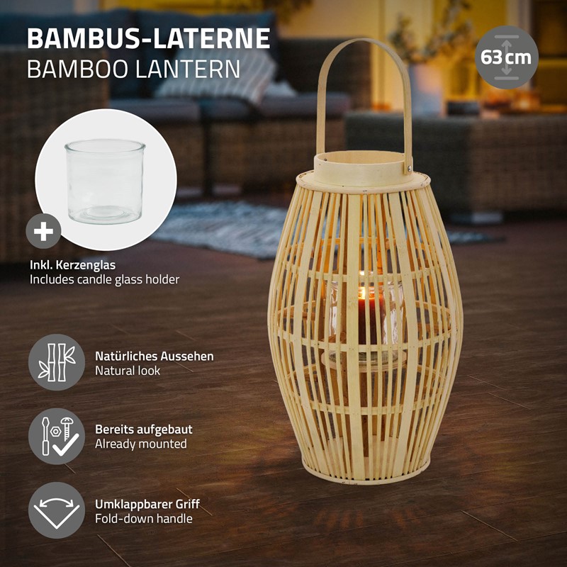 Bambus Laterne, Windlicht H: 63 cm Holzfarbe, Boho Gartenlaterne mit Henkel & Glaseinsatz, Flechtoptik Kerzenhalter