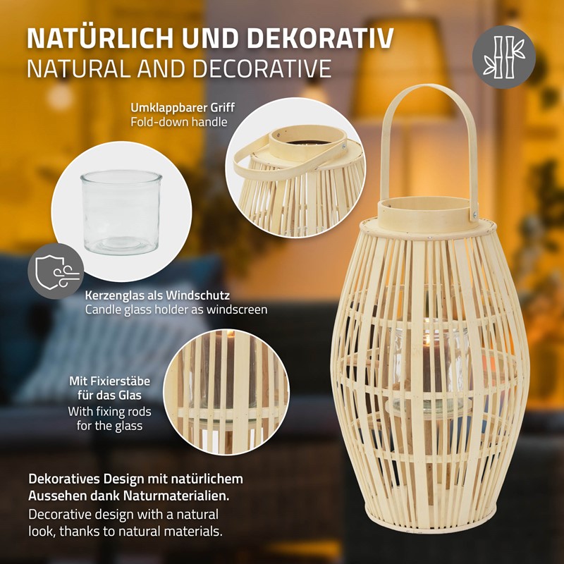 Bambus Laterne, Windlicht H: 63 cm Holzfarbe, Boho Gartenlaterne mit Henkel & Glaseinsatz, Flechtoptik Kerzenhalter