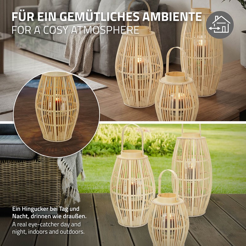 Bambus Laterne, Windlicht H: 63 cm Holzfarbe, Boho Gartenlaterne mit Henkel & Glaseinsatz, Flechtoptik Kerzenhalter