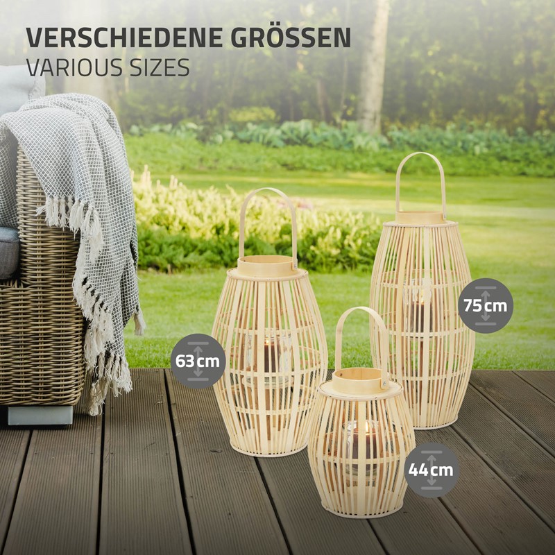 Bambus Laterne, Windlicht H: 63 cm Holzfarbe, Boho Gartenlaterne mit Henkel & Glaseinsatz, Flechtoptik Kerzenhalter