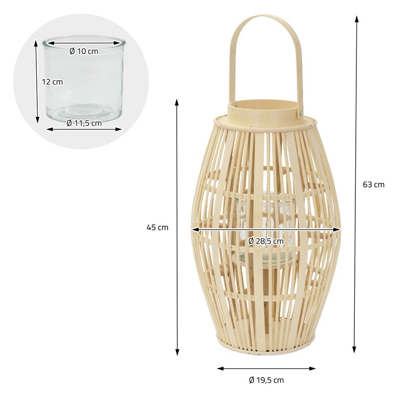 Bambus Laterne, Windlicht H: 63 cm Holzfarbe, Boho Gartenlaterne mit Henkel & Glaseinsatz, Flechtoptik Kerzenhalter