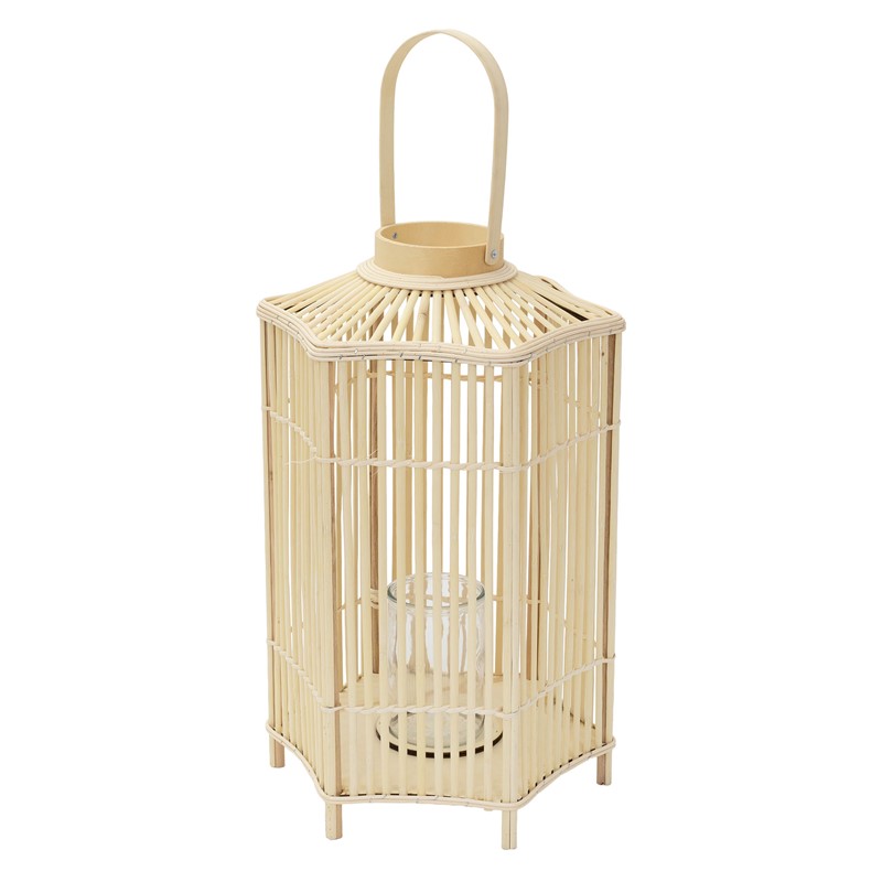 Bambus Laterne, Windlicht H: 75 cm Holzfarbe, Boho Gartenlaterne mit Henkel & Glaseinsatz, Flechtoptik Kerzenhalter