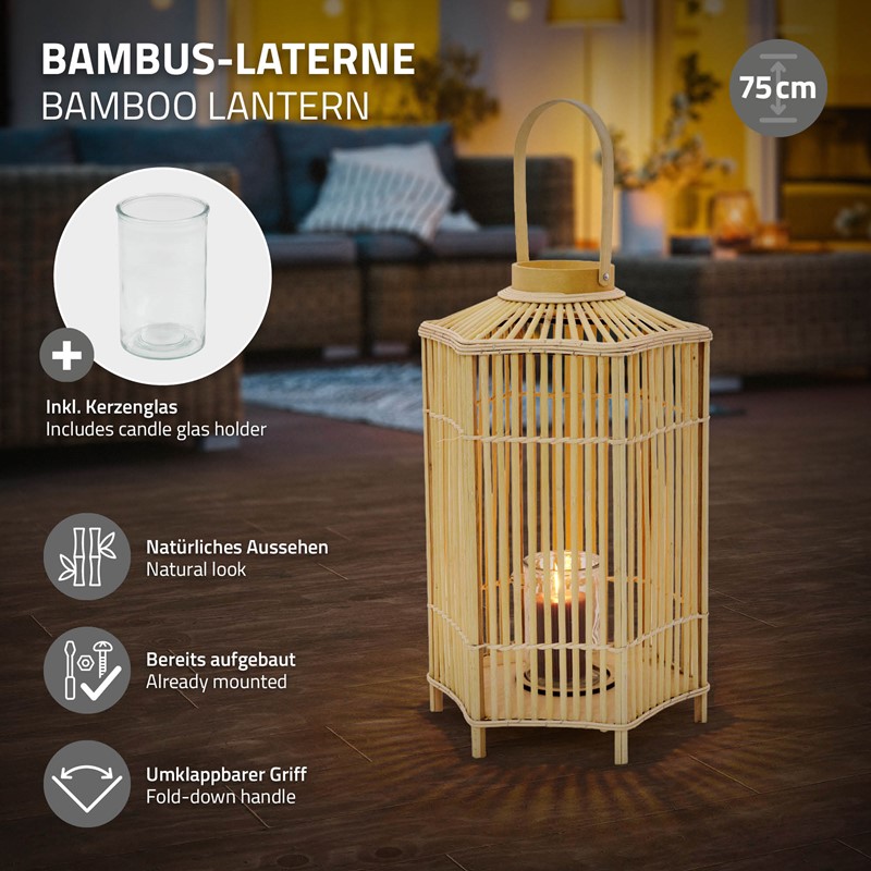 Bambus Laterne, Windlicht H: 75 cm Holzfarbe, Boho Gartenlaterne mit Henkel & Glaseinsatz, Flechtoptik Kerzenhalter