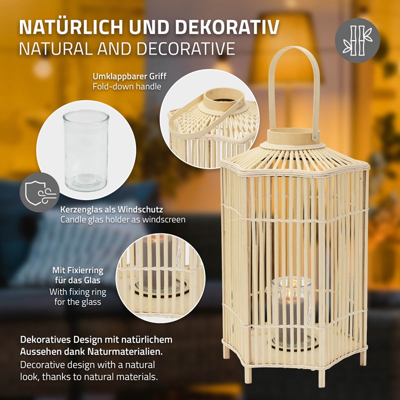 Bambus Laterne, Windlicht H: 75 cm Holzfarbe, Boho Gartenlaterne mit Henkel & Glaseinsatz, Flechtoptik Kerzenhalter