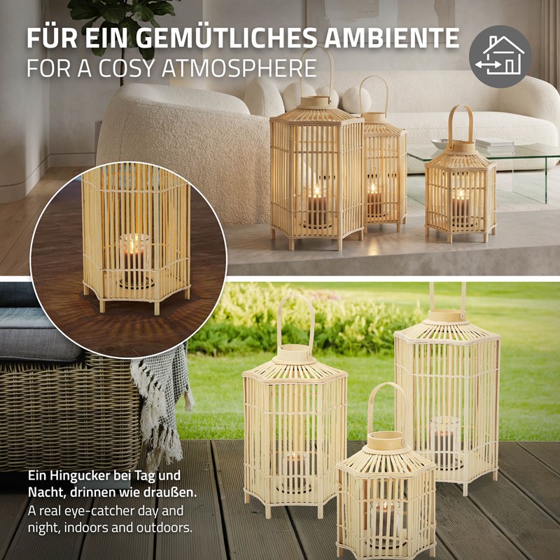 Bambus Laterne, Windlicht H: 75 cm Holzfarbe, Boho Gartenlaterne mit Henkel & Glaseinsatz, Flechtoptik Kerzenhalter