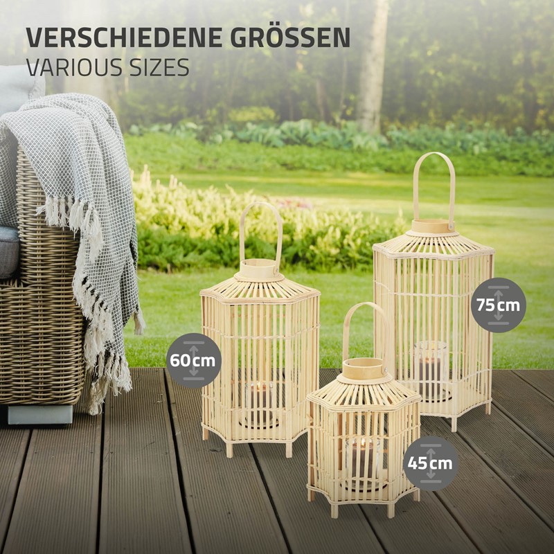 Bambus Laterne, Windlicht H: 75 cm Holzfarbe, Boho Gartenlaterne mit Henkel & Glaseinsatz, Flechtoptik Kerzenhalter