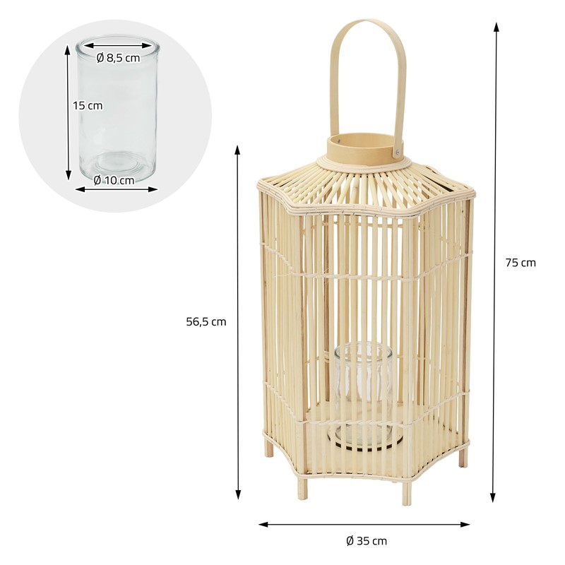 Bambus Laterne, Windlicht H: 75 cm Holzfarbe, Boho Gartenlaterne mit Henkel & Glaseinsatz, Flechtoptik Kerzenhalter
