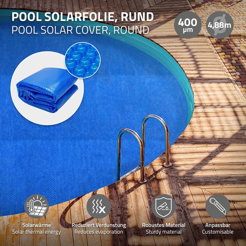 Pool Solarfolie rund Ø 488 cm Blau, Pool Solarabdeckplane 400µm, Solarplane Solarabdeckung zuschneidbar, Poolabdeckung