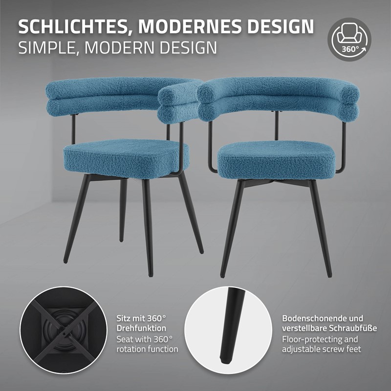 6er Set Esszimmerstühle 360° drehbar in Blau Teddy-Stoff mit Arm- und Rückenlehnen Küchenstuhl ML-Design