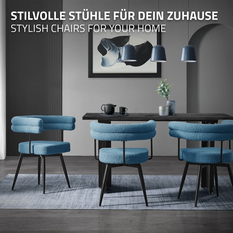 6er Set Esszimmerstühle 360° drehbar in Blau Teddy-Stoff mit Arm- und Rückenlehnen Küchenstuhl ML-Design