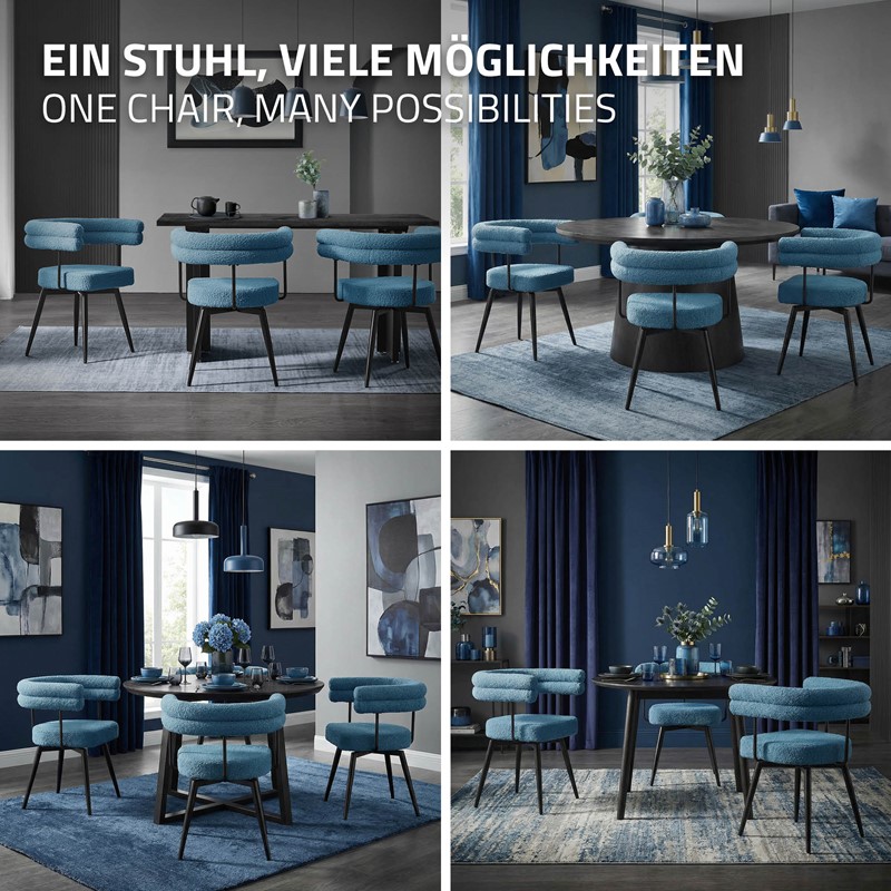 6er Set Esszimmerstühle 360° drehbar in Blau Teddy-Stoff mit Arm- und Rückenlehnen Küchenstuhl ML-Design