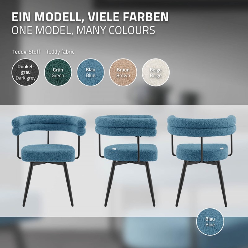 6er Set Esszimmerstühle 360° drehbar in Blau Teddy-Stoff mit Arm- und Rückenlehnen Küchenstuhl ML-Design