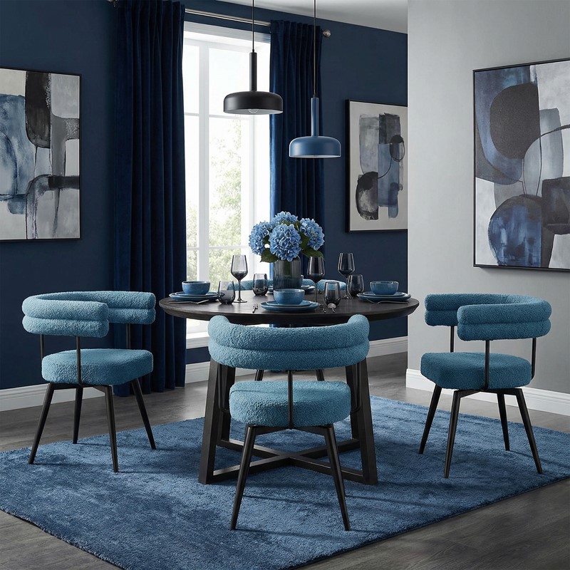 6er Set Esszimmerstühle 360° drehbar in Blau Teddy-Stoff mit Arm- und Rückenlehnen Küchenstuhl ML-Design