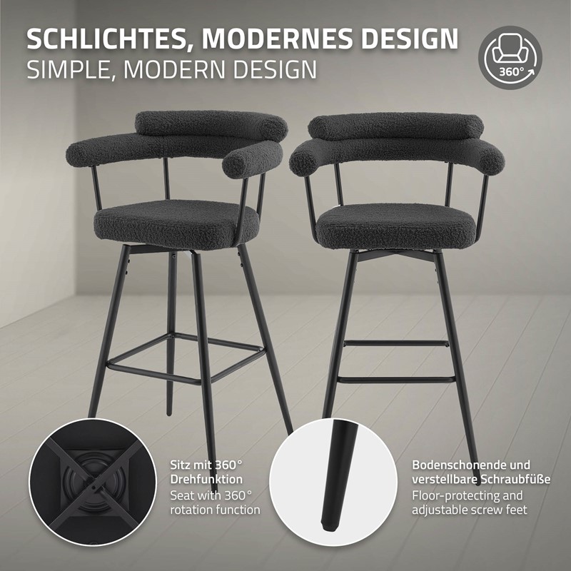 4er Set Barhocker 360° drehbar Dunkelgrau 61x103x55 cm mit Arm-, Rückenlehne und Fußstütze bis 120 kg ML-Design