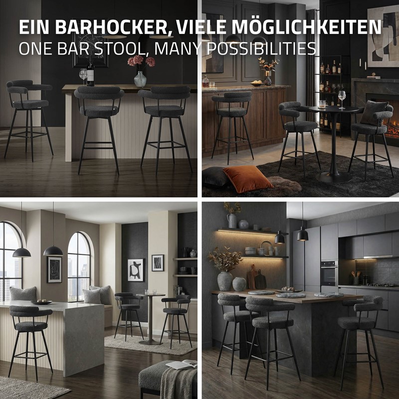 4er Set Barhocker 360° drehbar Dunkelgrau 61x103x55 cm mit Arm-, Rückenlehne und Fußstütze bis 120 kg ML-Design