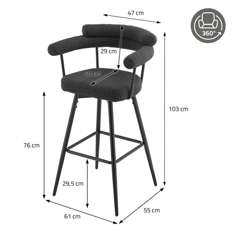 4er Set Barhocker 360° drehbar Dunkelgrau 61x103x55 cm mit Arm-, Rückenlehne und Fußstütze bis 120 kg ML-Design