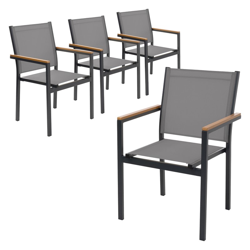 Gartenstühle 4er Set mit Armlehnen Dunkelgrau aus Textilene, Balkonstuhl mit Aluminiumgestell ML-Design Gartenstühle 4er Set mit Armlehnen Dunkelgrau aus Textilene, Balkonstuhl mit Aluminiumgestell ML-Design