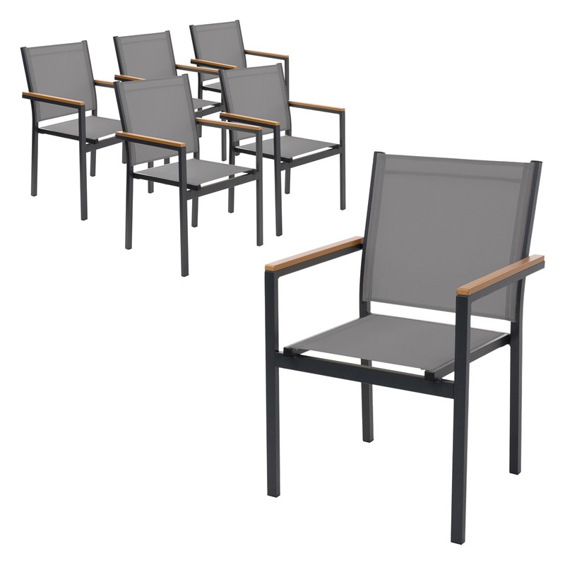 Gartenstühle 6er Set mit Armlehnen Dunkelgrau aus Textilene, Balkonstuhl mit Aluminiumgestell ML-Design Gartenstühle 6er Set mit Armlehnen Dunkelgrau aus Textilene, Balkonstuhl mit Aluminiumgestell ML-Design