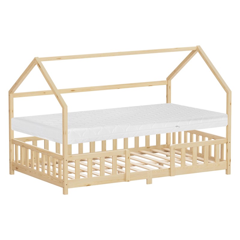 Kinderbett Hausbett 120x200 cm Natur aus Kiefernholz inkl. Matratze H-16cm Rausfallschutz Dach und Lattenrost ML-Design Kinderbett Hausbett 120x200 cm Natur aus Kiefernholz inkl. Matratze H-16cm Rausfallschutz Dach und Lattenrost ML-Design