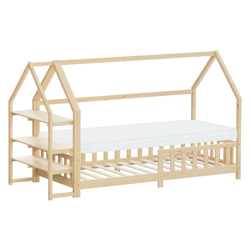 Kinderbett Hausbett 90x200 cm Natur aus Kiefernholz inkl. Matratze H-10cm Rausfallschutz Regal Dach und Lattenrost ML-Design Kinderbett Hausbett 90x200 cm Natur aus Kiefernholz inkl. Matratze H-10cm Rausfallschutz Regal Dach und Lattenrost ML-Design
