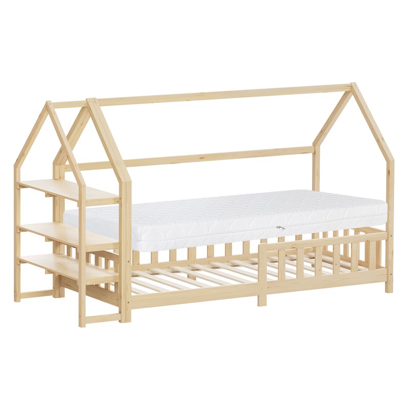 Kinderbett Hausbett 90x200 cm Natur aus Kiefernholz inkl. Matratze H-16cm Rausfallschutz Regal Dach und Lattenrost ML-Design Kinderbett Hausbett 90x200 cm Natur aus Kiefernholz inkl. Matratze H-16cm Rausfallschutz Regal Dach und Lattenrost ML-Design