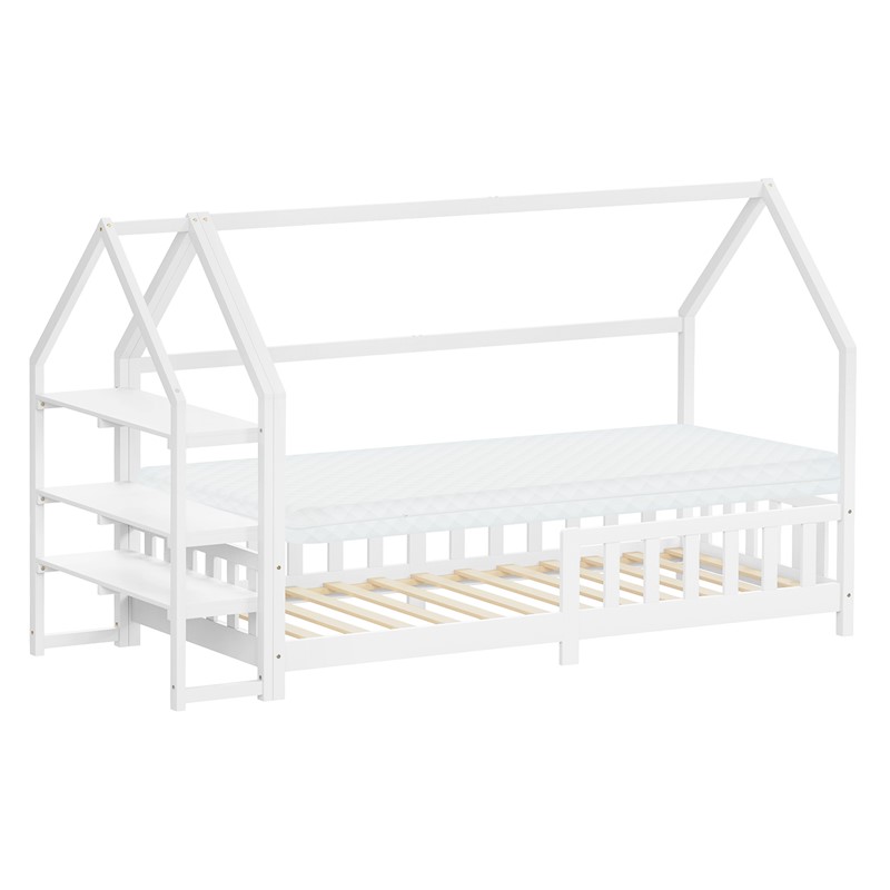 Kinderbett Hausbett 90x200 cm Weiß aus Kiefernholz inkl. Matratze H-10cm Rausfallschutz Regal Dach und Lattenrost ML-Design