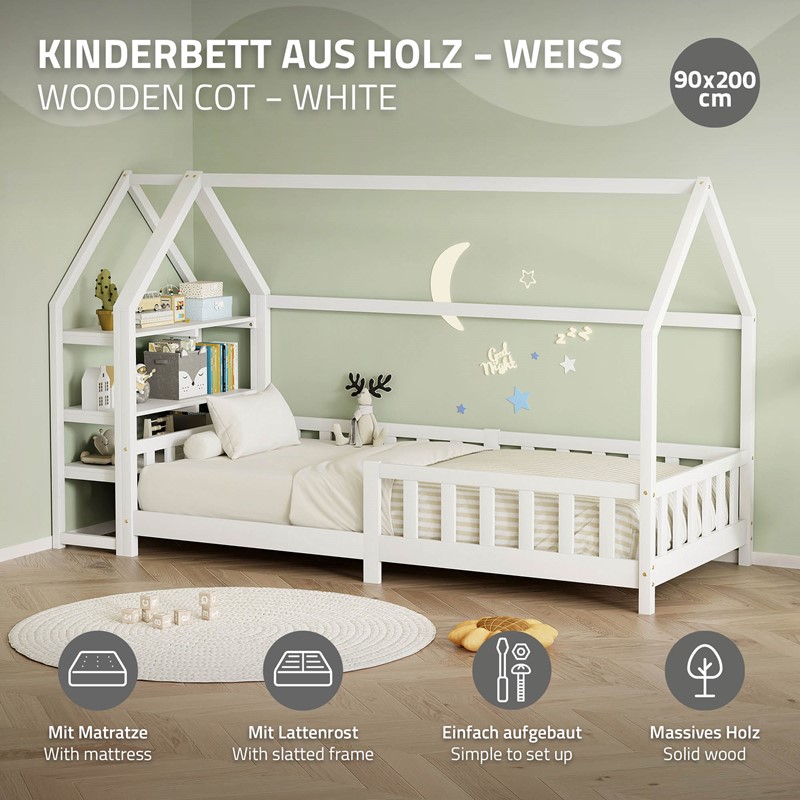 Kinderbett Hausbett 90x200 cm Weiß aus Kiefernholz inkl. Matratze H-10cm Rausfallschutz Regal Dach und Lattenrost ML-Design