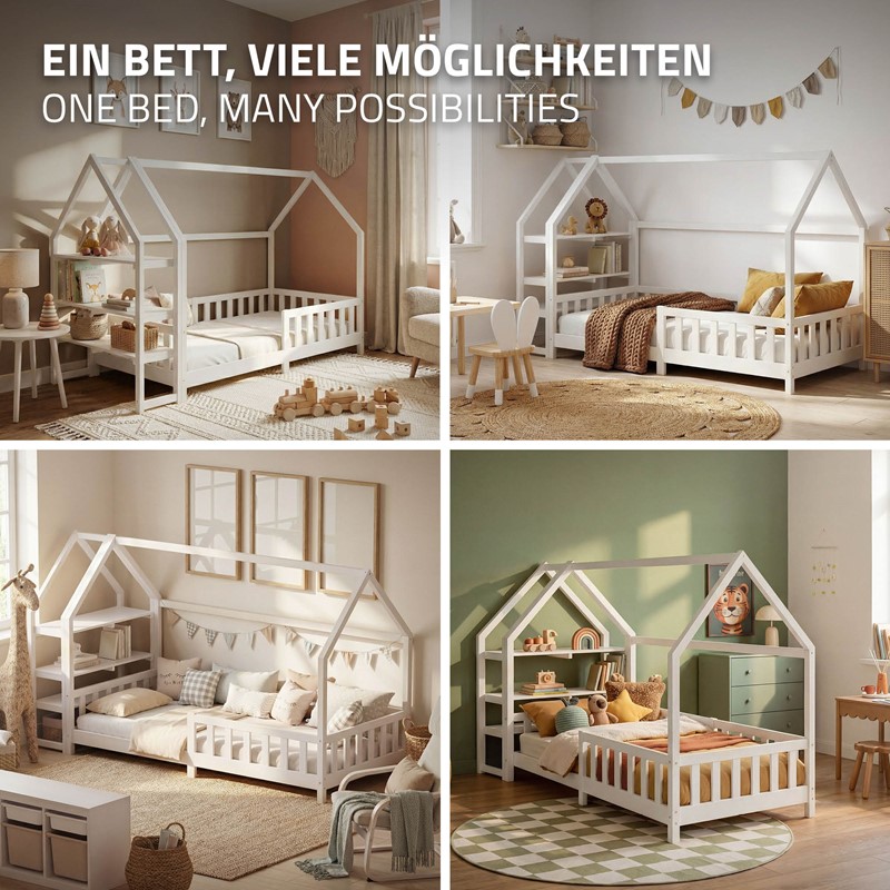 Kinderbett Hausbett 90x200 cm Weiß aus Kiefernholz inkl. Matratze H-10cm Rausfallschutz Regal Dach und Lattenrost ML-Design
