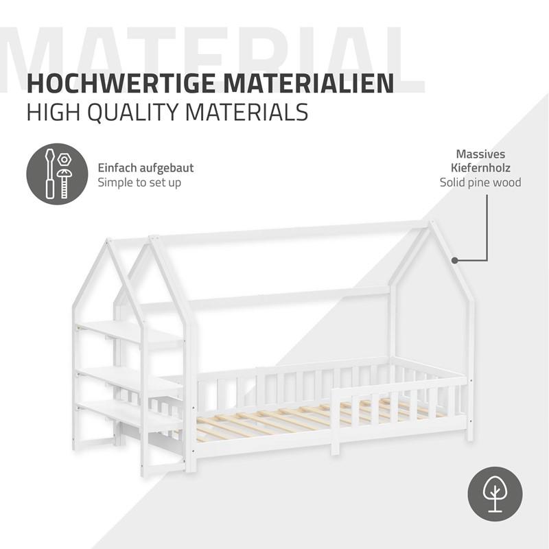 Kinderbett Hausbett 90x200 cm Weiß aus Kiefernholz inkl. Matratze H-10cm Rausfallschutz Regal Dach und Lattenrost ML-Design