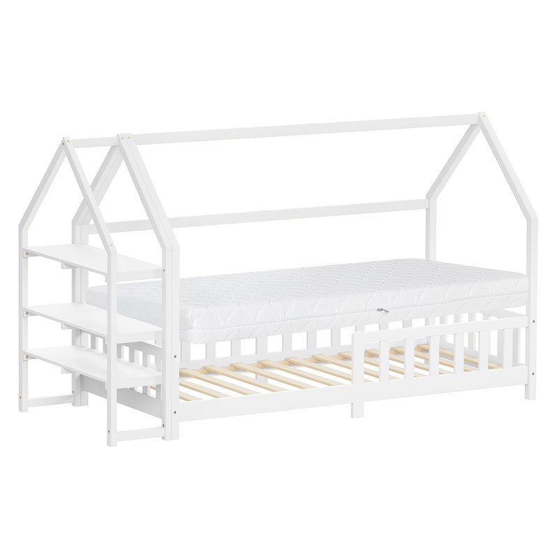 Kinderbett Hausbett 90x200 cm Weiß aus Kiefernholz inkl. Matratze H-16cm Rausfallschutz Regal Dach und Lattenrost ML-Design Kinderbett Hausbett 90x200 cm Weiß aus Kiefernholz inkl. Matratze H-16cm Rausfallschutz Regal Dach und Lattenrost ML-Design